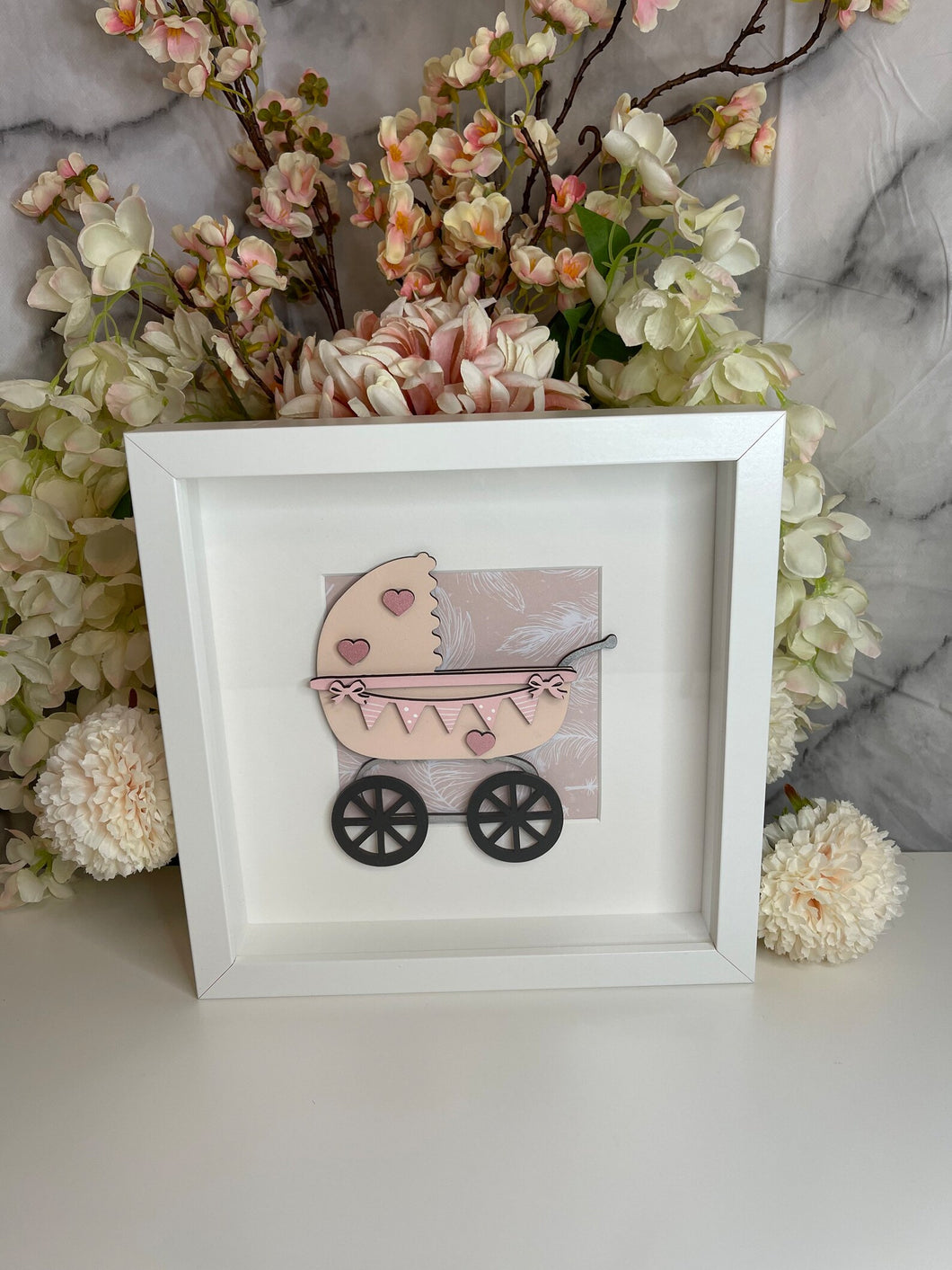 Handmade personalised Frame - Pink Baby Pram