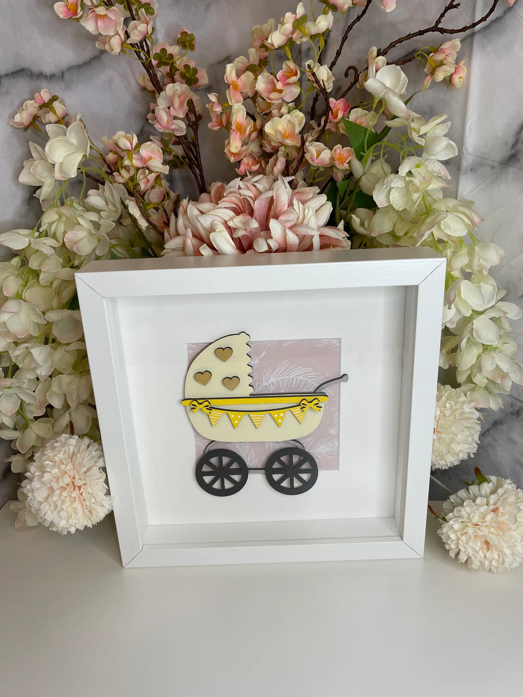 Handmade personalised Frame - Yellow Baby Pram