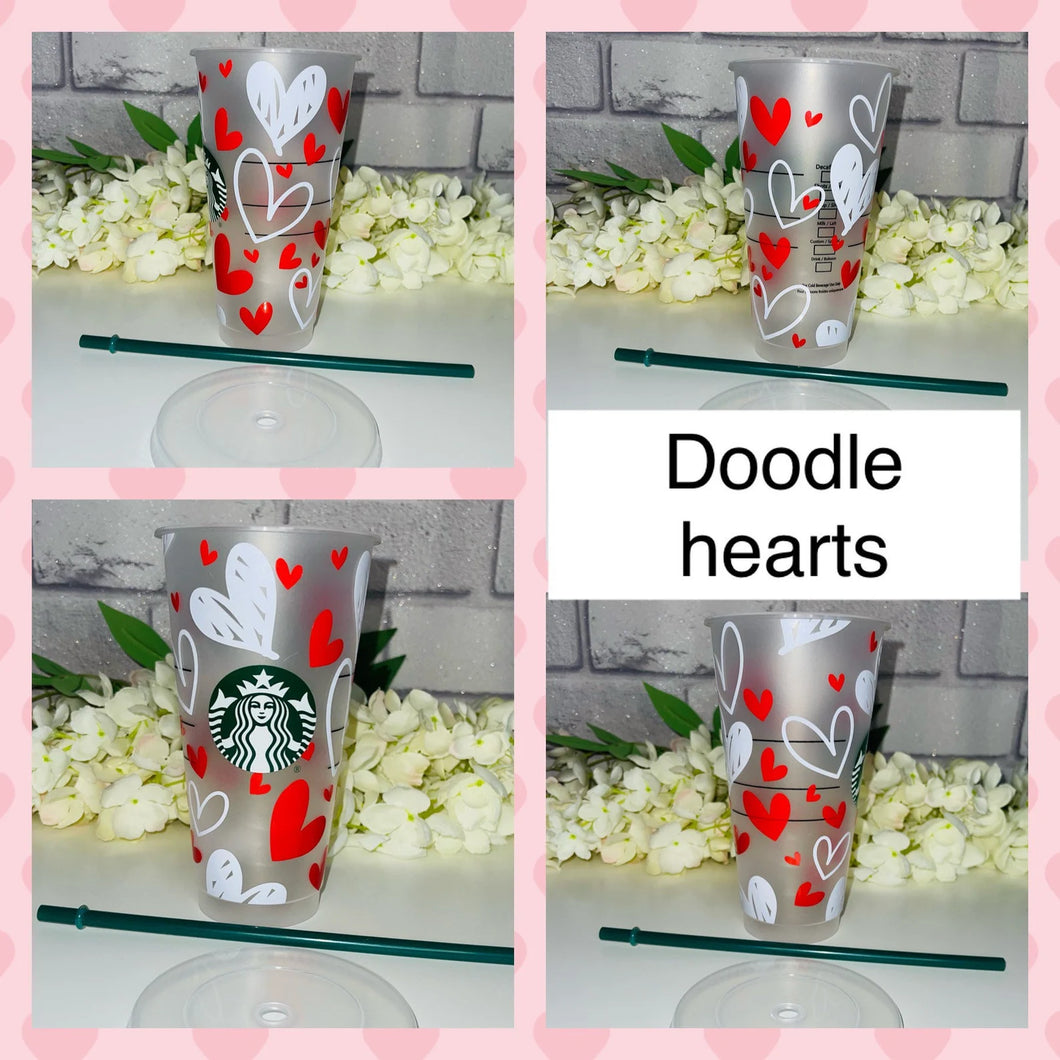 Doodle hearts Valentines Starbucks cold cup