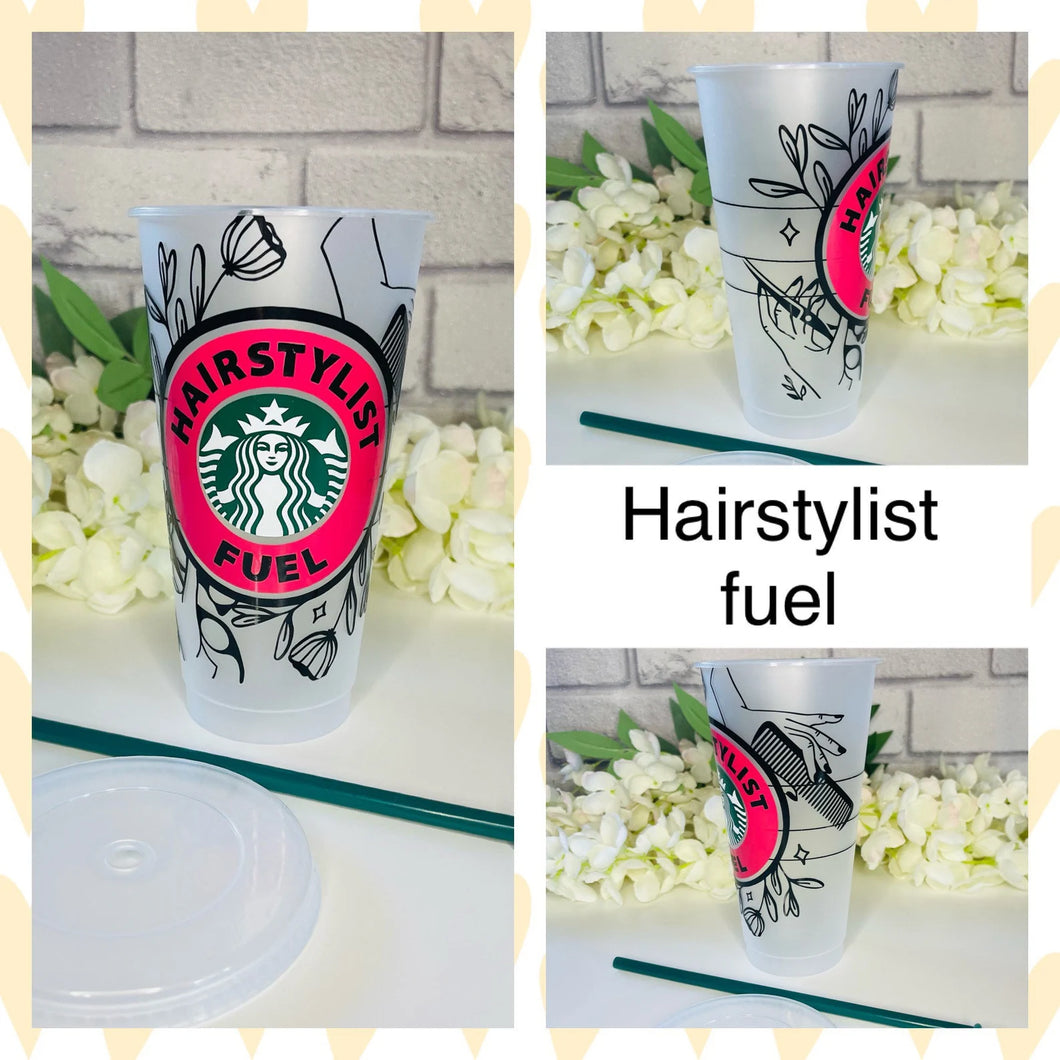 Hairstylist fuel Starbucks cold cup