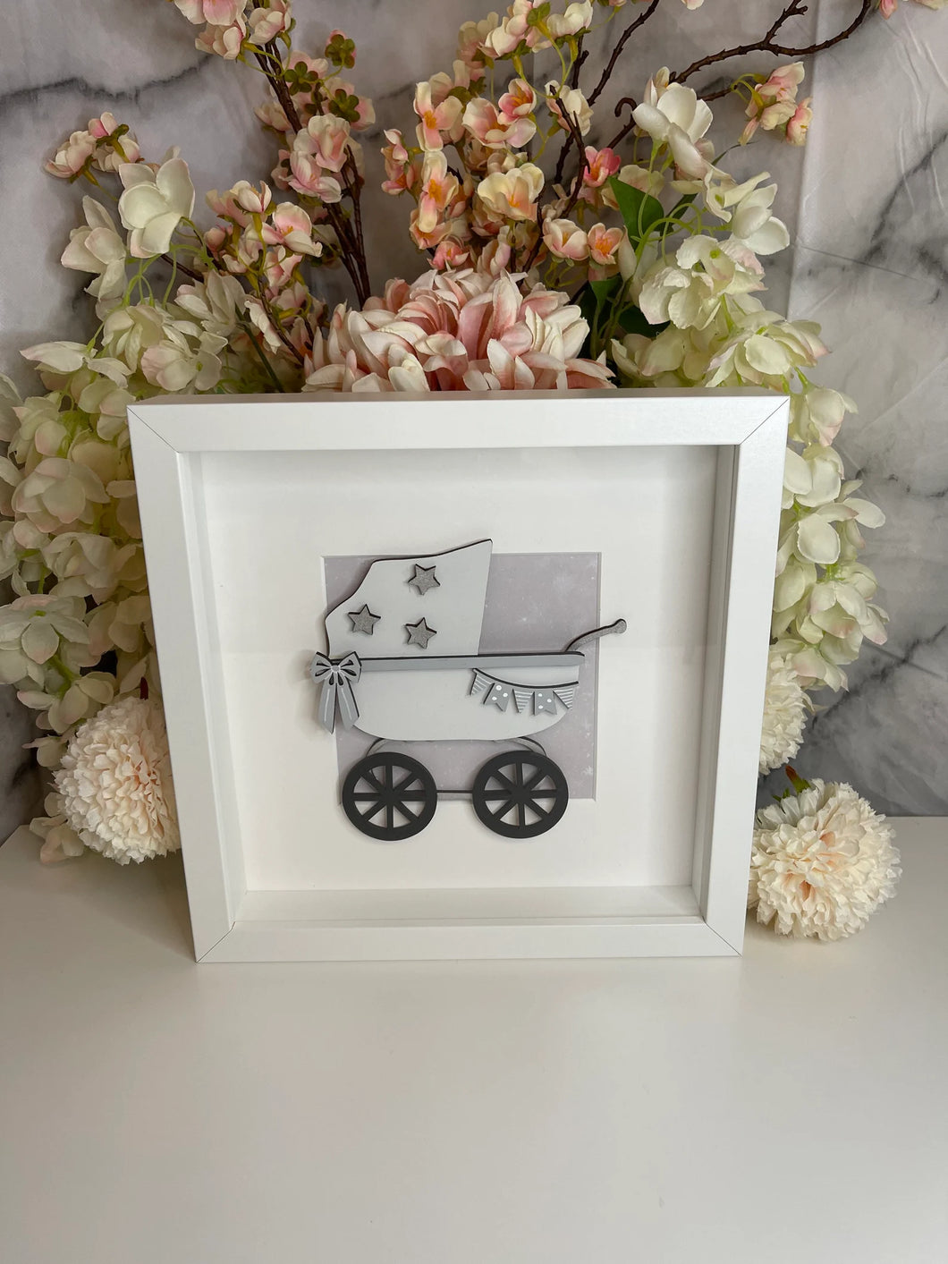 Handmade personalised Frame - Grey Baby Pram